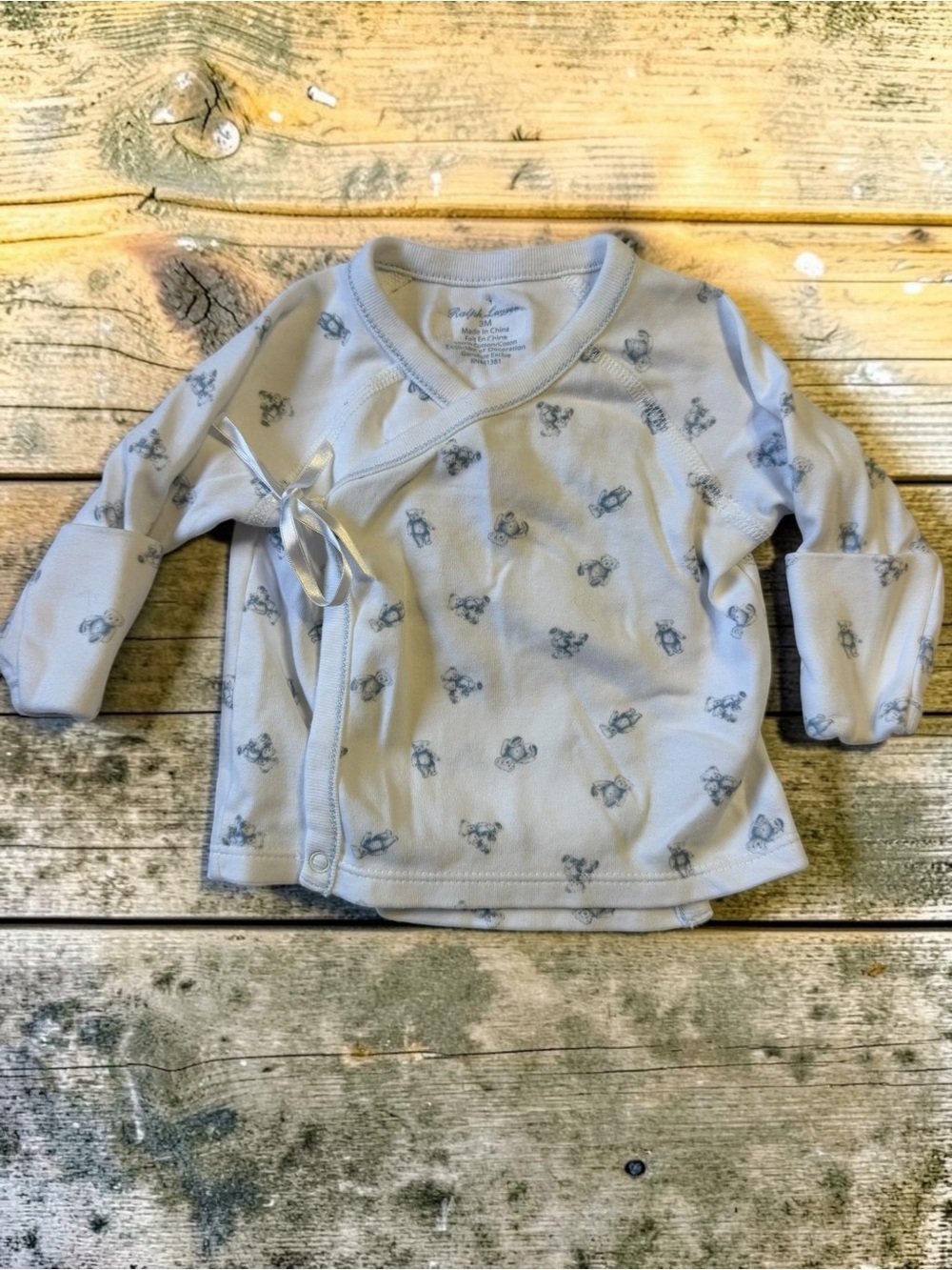 Ralph Lauren Baby Kimono Wrap Top 3M Blue Teddy Bear Print 100% Cotton